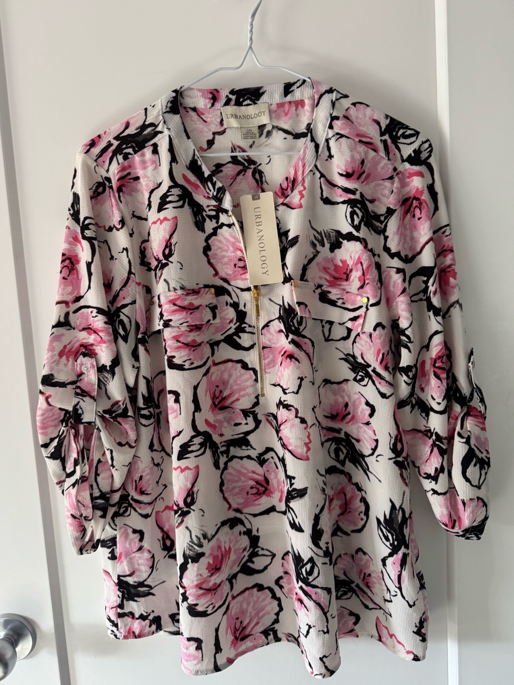 Urbanology Pink Floral Zip Front Blouse Tunic Size L/G NWT